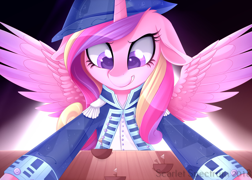 2018 admiral bust_portrait clenched_teeth clothed clothing equine eyelashes feathered_wings feathers female friendship_is_magic fully_clothed fur hair hat horn inside makeup mammal mascara multicolored_hair my_little_pony portrait princess_cadance_(mlp) purple_eyes scarlet-spectrum ship solo sparkles table teeth text uniform vehicle watermark winged_unicorn wings wood