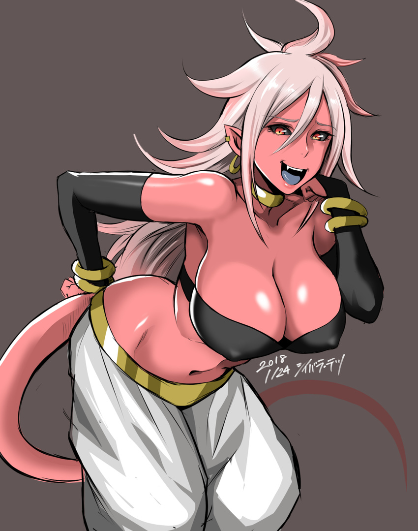 :d android_21 bandeau bent_over black_sclera bracelet breasts bridal_gauntlets cleavage collarbone covered_nipples dated dragon_ball dragon_ball_fighterz ear_piercing earrings fangs hair_between_eyes harem_pants highres hips hoop_earrings jewelry large_breasts long_hair looking_at_viewer majin_android_21 navel necklace open_mouth pants piercing pink_hair pink_skin pointy_ears red_eyes shibusun smile solo tail very_long_hair white_hair