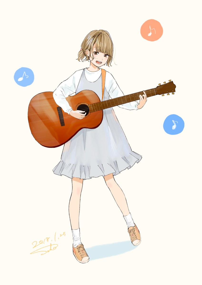 absurdres acoustic_guitar artist_name bangs blonde_hair brown_eyes commentary_request dated dress eighth_note eyebrows_visible_through_hair full_body guitar highres holding holding_instrument instrument long_sleeves looking_at_viewer music musical_note open_mouth original playing_instrument sako_(user_ndpz5754) shoes short_hair simple_background singing sneakers socks solo standing teeth white_background white_legwear