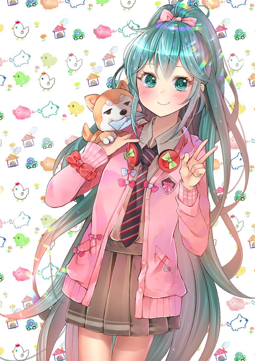 abstract_background ahoge alternate_costume alternate_hairstyle animal animal_on_shoulder aqua_eyes aqua_hair black_neckwear blazer blush bow brown_skirt closed_mouth collared_shirt cowboy_shot dog dutch_angle emblem grey_shirt hair_bow hand_on_own_chest hatsune_miku headphones headphones_around_neck highres jacket letter long_hair long_sleeves love_letter mouth_hold narami necktie open_blazer open_clothes open_jacket pink_bow pink_jacket pleated_skirt ponytail project_diva_(series) red_bow ribbon_girl_(module) school_uniform shirt skirt smile solo standing striped striped_neckwear thigh_gap unbuttoned v very_long_hair vocaloid wing_collar wrist_bow