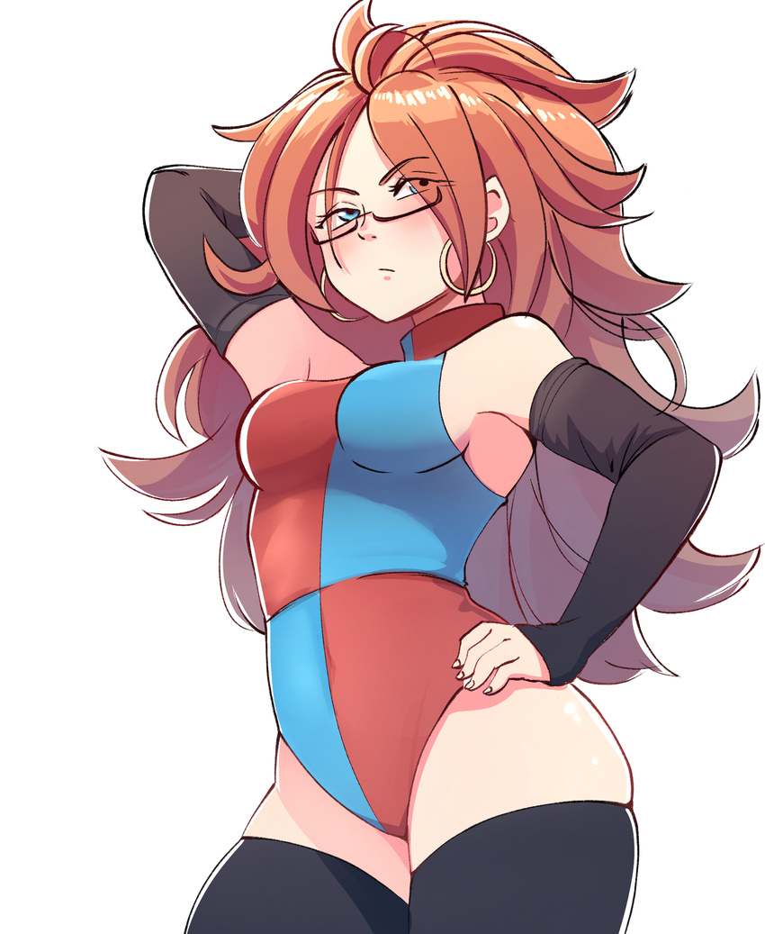 1girl ahoge android_21 arm_up arm_warmers bare_shoulders blue_eyes blush breasts brown_hair coolisushi dragon_ball dragon_ball_fighterz glasses half-closed_eyes hand_on_hips highres leotard long_hair medium_breasts pose sleeveless solo thighhighs thighs very_long_hair