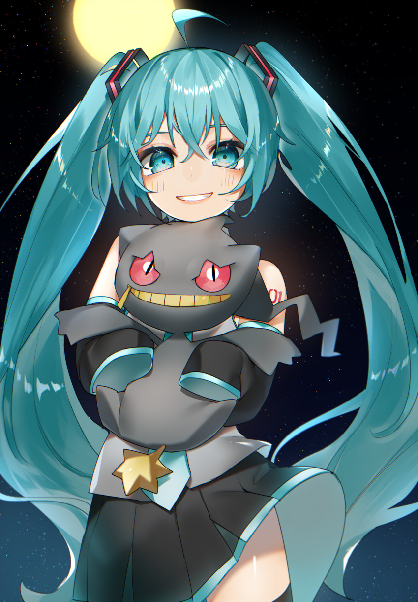 1girl absurdres ahoge banette bangs bare_shoulders black_skirt blush crossover detached_sleeves eyelashes green_eyes green_hair green_necktie grey_shirt hair_between_eyes hatsune_miku highres holding holding_pokemon long_hair necktie pleated_skirt pokemon pokemon_(creature) reirou_(chokoonnpu) shiny shiny_hair shiny_skin shirt skirt sleeveless sleeveless_shirt smile symbol-only_commentary thighhighs tied_hair twintails vocaloid