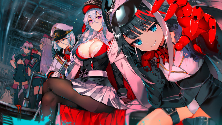 azur_lane bangs banned_artist bare_shoulders beret black_gloves black_hair black_hat black_legwear blonde_hair blue_eyes blunt_bangs breasts buttons cleavage cleavage_cutout closed_eyes commentary cross cross_earrings deutschland_(azur_lane) earrings elbow_gloves eyebrows_visible_through_hair eyepatch fur_trim garrison_cap glasses gloves gneisenau_(azur_lane) goggles goggles_on_headwear graf_zeppelin_(azur_lane) hair_between_eyes hat hat_ribbon iron_cross jacket jewelry large_breasts long_hair long_sleeves looking_at_viewer looking_down mechanical_arms military military_hat military_uniform multicolored_hair multiple_girls open_mouth pantyhose peaked_cap puffy_long_sleeves puffy_sleeves purple_eyes red-framed_eyewear red_hair ribbon robot_joints scharnhorst_(azur_lane) sharp_teeth shirt short_hair silver_hair sitting skirt small_breasts smile standing streaked_hair teeth tetsubuta thighhighs tirpitz_(azur_lane) underboob uniform very_long_hair white_gloves white_shirt z46_(azur_lane)