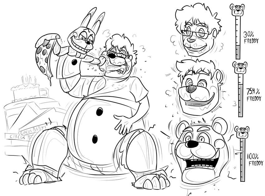 2016 animatronic anthro bear belly big_belly black_and_white cake candle clothed clothing digital_drawing_(artwork) digital_media_(artwork) duo eyewear five_nights_at_freddy's food force_feeding forced funtime_freddy_(fnafsl) furii glasses hair hi_res human hypnosis lagomorph machine male mammal mind_control monochrome open_mouth overweight pepperoni pizza puppet puppet_bonnie_(fnafsl) rabbit robot simple_background sister_location sitting smile spiral spiral_eyes stuffing teeth text torn_clothing transformation video_games weight_gain