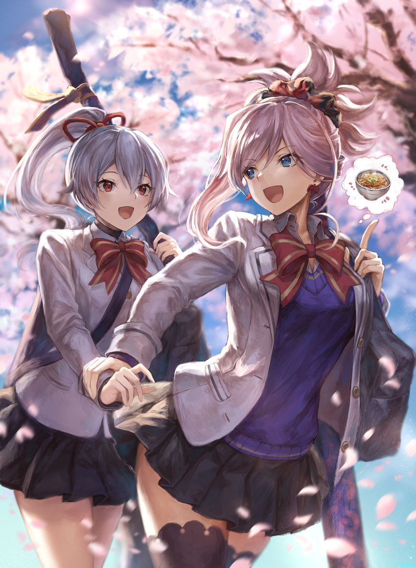 :d bag bangs black_legwear black_skirt blue_eyes blue_sweater blurry blurry_background bow bowl bowtie cherry_blossoms day detached_sleeves duffel_bag earrings eyebrows_visible_through_hair fate/grand_order fate_(series) food grey_jacket hair_ornament hair_scrunchie high_ponytail highres holding_hands hungry index_finger_raised jacket jewelry long_hair long_sleeves looking_at_viewer looking_back mashu_003 miniskirt miyamoto_musashi_(fate/grand_order) multiple_girls open_clothes open_jacket open_mouth outdoors pink_hair red_bow red_eyes red_neckwear red_ribbon ribbon school_uniform scrunchie skirt smile soup sun sunlight sweater swept_bangs thighhighs thought_bubble tomoe_gozen_(fate/grand_order) tree unbuttoned weapon_bag zettai_ryouiki