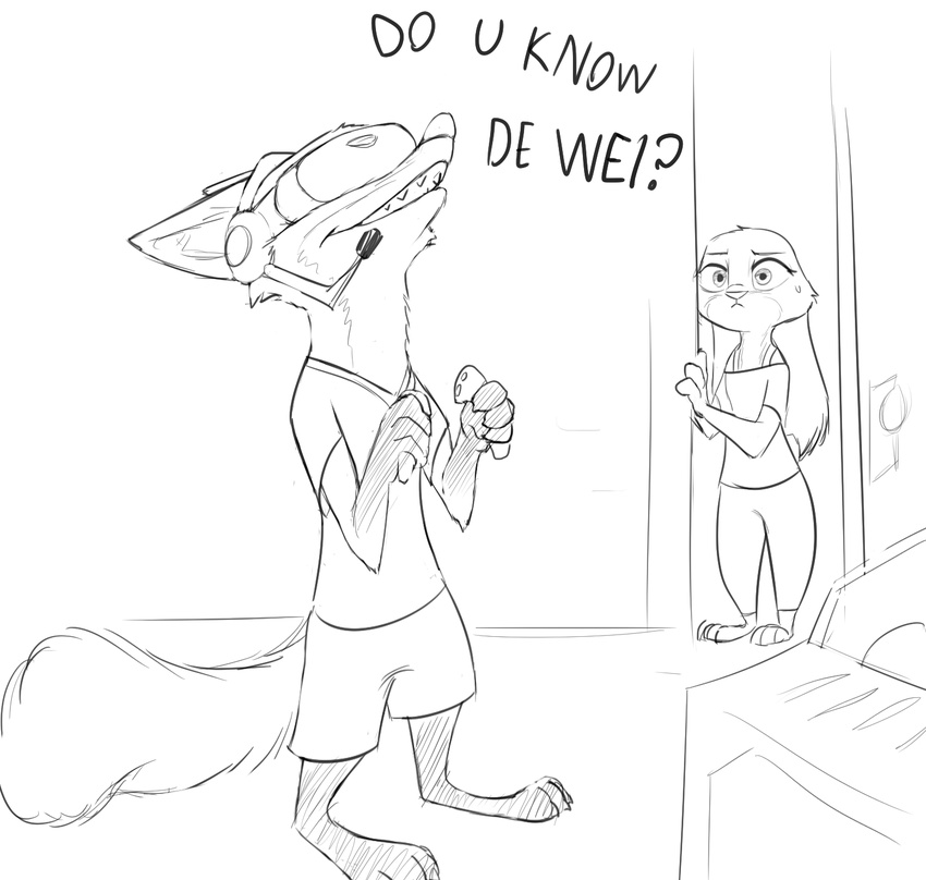 ? anthro black_and_white canine clothed clothing controller dialogue disney door duo female fluffy fluffy_tail fox game_controller gaming headphones headset hindpaw holding_controller holding_object humor inside judy_hopps lagomorph long_ears male mammal meme microphone monochrome nick_wilde open_mouth pants paws playing_videogame rabbit sharp_teeth shirt shorts sketch standing t-shirt teeth text video_games vr_headset w4g4 zootopia