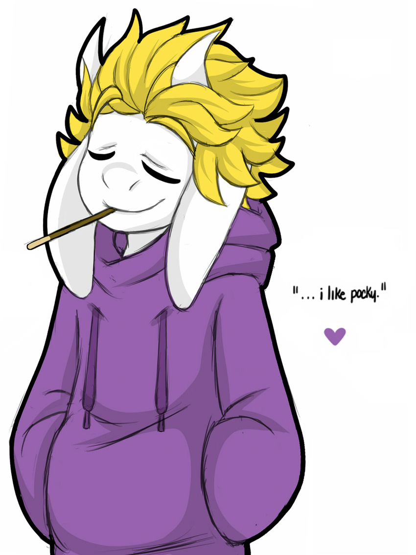 &lt;3 alternate_universe alterswap anthro asgore_dreemurr blonde_hair boss_monster caprine clothed clothing dialogue english_text eyes_closed friisans goat hair hi_res hoodie mammal pocky simple_background solo text undertale video_games white_background