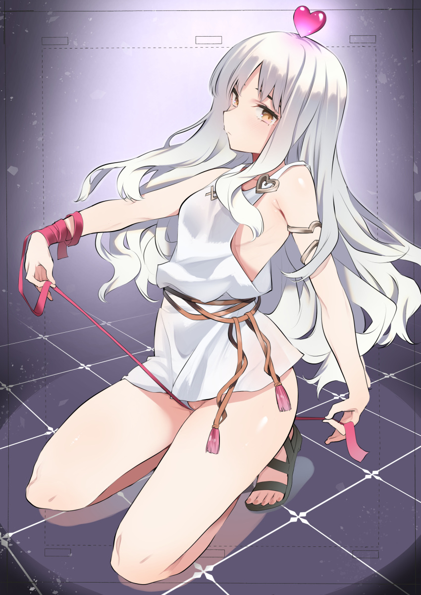 1girl absurdres armlet bare_shoulders breasts brown_eyes caren_hortensia caren_hortensia_(amor_caren) closed_mouth dress fate/grand_order fate_(series) full_body heart highres kneeling kojima_takeshi long_hair looking_at_viewer partially_visible_vulva sandals sideboob sleeveless sleeveless_dress small_breasts solo tassel thighs upskirt very_long_hair white_dress white_hair