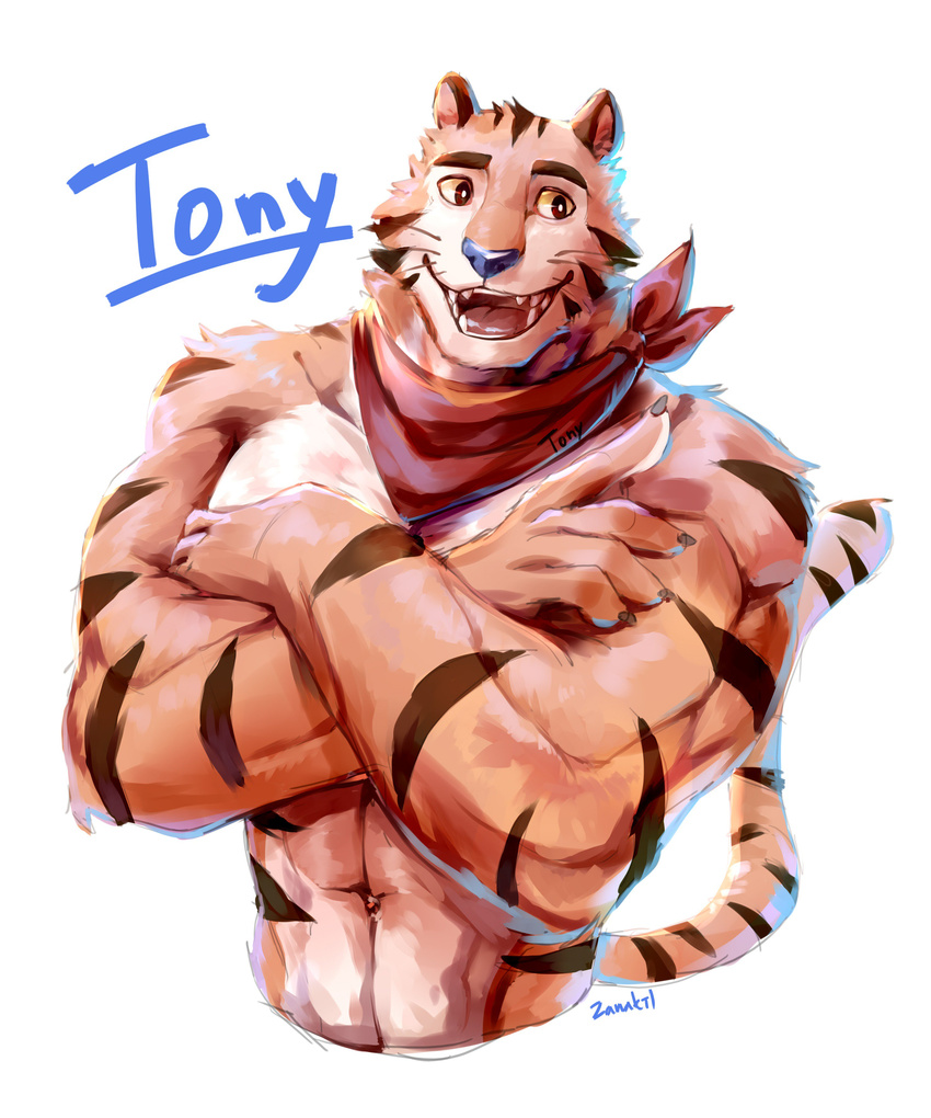 2018 abs anthro biceps blue_nose feline frosted_flakes fur hi_res kellogg's kemono male mammal mascot muscular muscular_male pecs scarf simple_background stripes tiger tony_the_tiger zanakil
