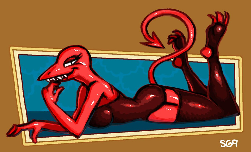 better_version_at_source breasts clothing demon eyelashes female fiend humanoid lingerie looking_at_viewer pilotredsun pinup pose red_skin sharp_teeth shyguy9 simple_background smile spade_tail teeth