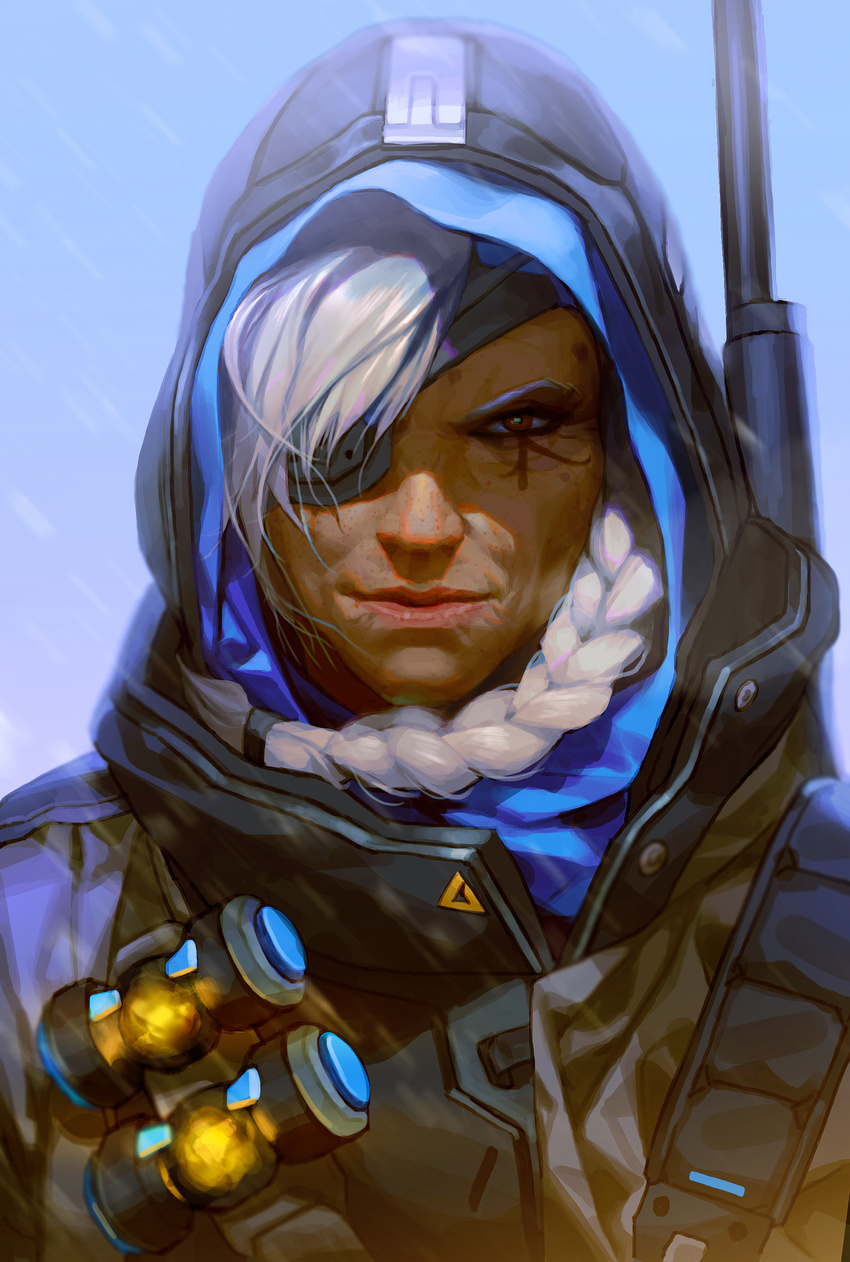 absurdres ana_(overwatch) bad_id bad_pixiv_id braid brown_eyes dark_skin eye_of_horus eyepatch facial_tattoo grey_hair gun highres hood looking_at_viewer old_woman overwatch rifle rukiana simple_background single_braid sniper_rifle solo tattoo upper_body weapon weapon_on_back