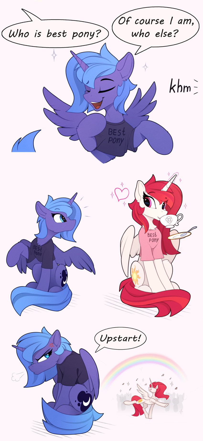 2018 clothing comic cutie_mark digital_media_(artwork) english_text equine feathers female feral friendship_is_magic fur horn mammal my_little_pony princess_celestia_(mlp) princess_luna_(mlp) shirt sibling simple_background sisters smile speech_bubble t-shirt text winged_unicorn wings yakovlev-vad