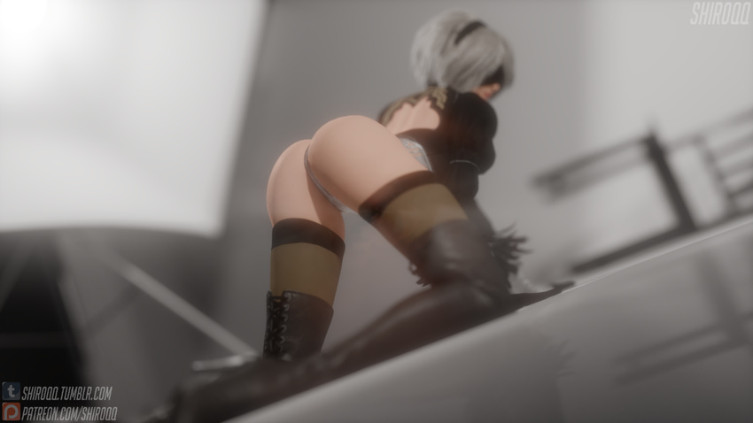 1girl 3d android ass black_dress black_hairband boots breasts closed_mouth covered_eyes dress gloves hairband high_heel_boots nier nier_(series) nier_automata patreon render short_hair silver_hair studio thighhighs tumblr yorha_no._2_type_b