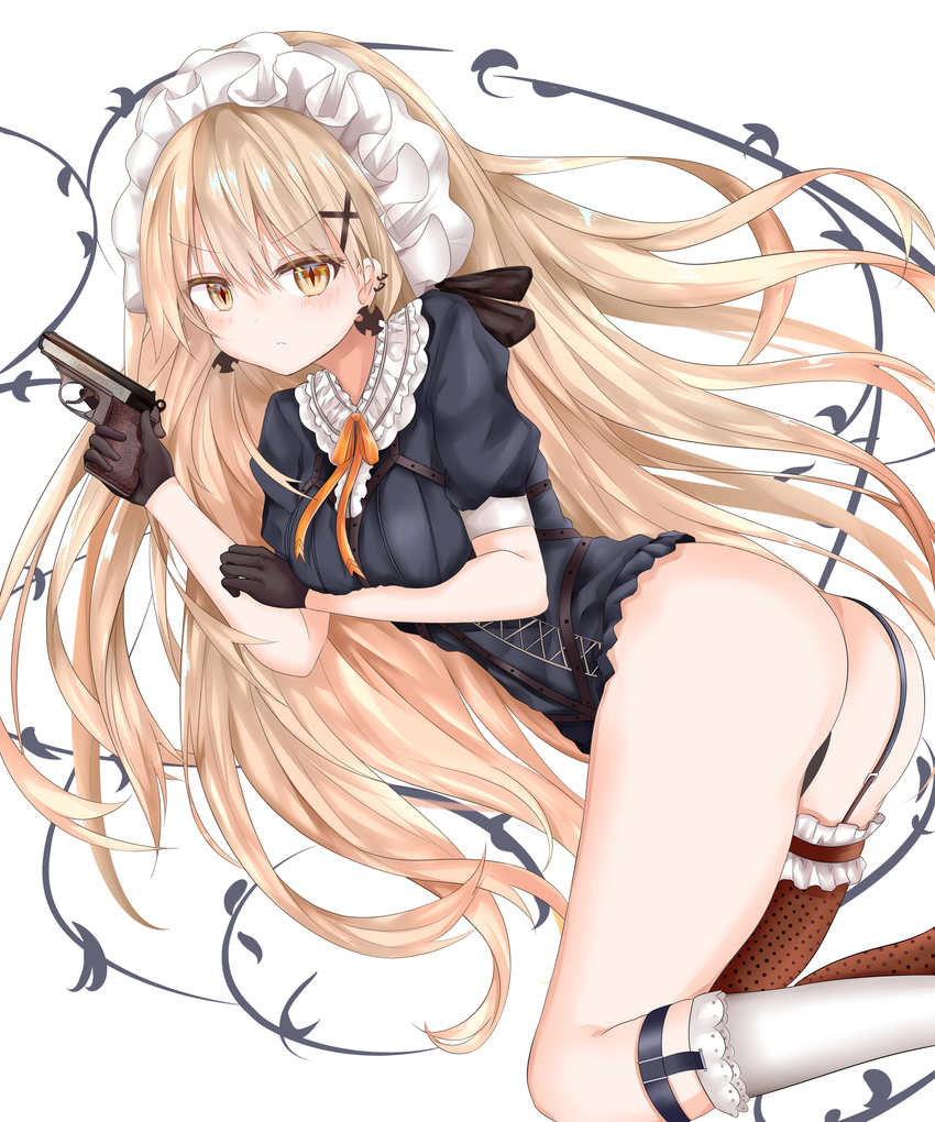 absurdres ass asymmetrical_legwear black_gloves black_panties blonde_hair blush bow breasts closed_mouth commentary dress earrings eyebrows_visible_through_hair frills garter_straps girls_frontline gloves gun hair_ornament hairclip highres holding holding_gun holding_weapon jewelry lace-trimmed_legwear long_hair looking_at_viewer maid_headdress medium_breasts mismatched_legwear multiple_earrings orange_bow panties ppk_(girls_frontline) ribbon ru_zhai single_thighhigh skirt skirt_removed solo spotted_legwear strap symbol-shaped_pupils thighhighs thighs underwear weapon white_legwear yellow_eyes