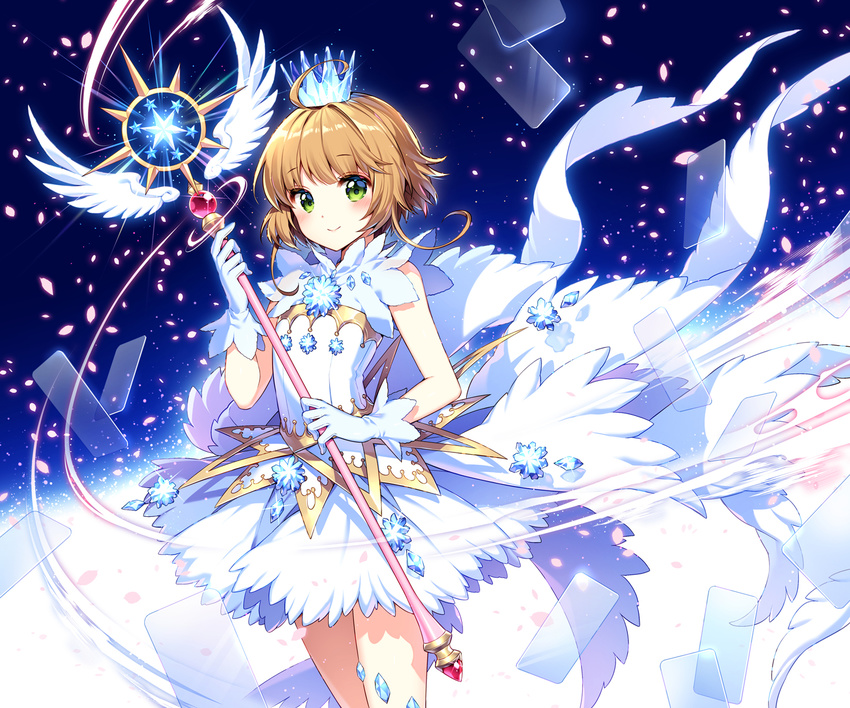 blush brown_hair card_captor_sakura cropped crown gloves green_eyes kinomoto_sakura nardack petals short_hair wand