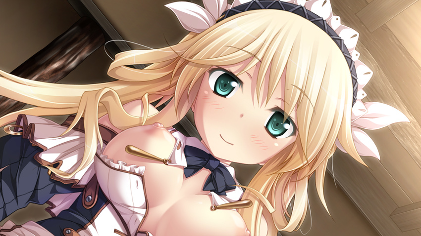 blonde_hair blush bow breasts chrono_clock dorothy_davenport game_cg green_eyes headdress long_hair nipples no_bra purple_software tsukimori_hiro twintails