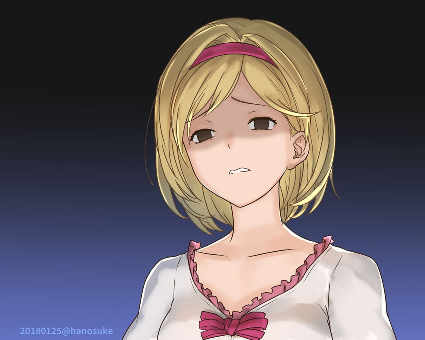 blonde_hair commentary_request disgust djeeta_(granblue_fantasy) fighter_(granblue_fantasy) granblue_fantasy hairband hanosuke pink_hairband short_hair solo upper_body