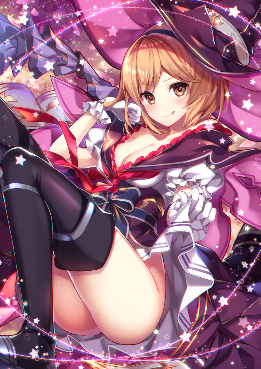 :p ass blonde_hair boots breasts cape commentary_request djeeta_(granblue_fantasy) gloves granblue_fantasy hat highres homaderi medium_breasts pleated_skirt school_uniform serafuku short_hair skirt skirt_lift thigh_boots thighhighs thighs tongue tongue_out warlock_(granblue_fantasy) white_gloves witch_hat