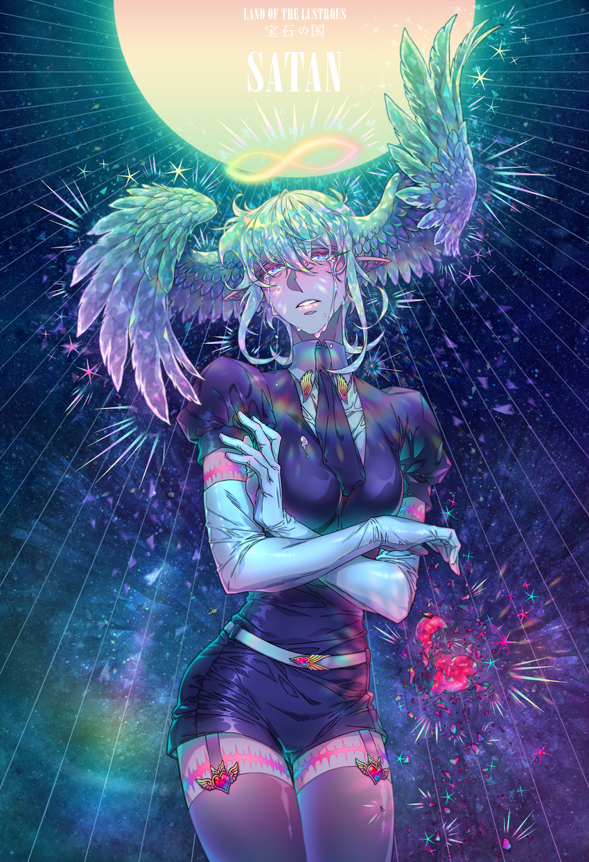 1boy androgynous asuka_ryou blonde_hair blue_eyes breasts crying devilman eyebrows feathered_wings feathers gloves head_wings heart long_hair necktie piopyo pointy_ears satan_(devilman) sideburns solo tears thighhighs tie wings