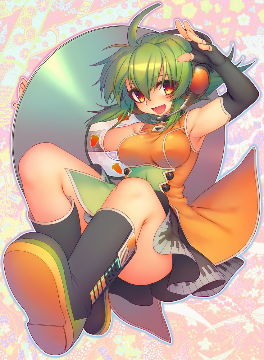 :d absurdres ahoge bare_shoulders black_gloves boots breasts cd compact_disc detached_sleeves elbow_gloves eyebrows_visible_through_hair fingerless_gloves fl-chan fl_studio full_body gloves hair_between_eyes headphones headset highres long_hair medium_breasts open_mouth orange_eyes original oversized_object piano_print sasaki_shou skirt smile solo thighs vocaloid