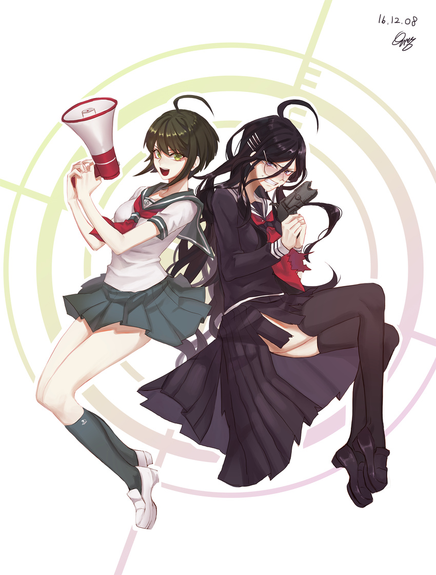 absurdres ahoge banned_artist black_hair blush braid danganronpa dated fukawa_touko full_body glasses green_eyes green_hair highres holding holding_weapon long_hair megaphone miniskirt multiple_girls naegi_komaru pleated_skirt purple_eyes school_uniform serafuku short_hair signature skirt sweat taser thighhighs weapon yurang zettai_zetsubou_shoujo