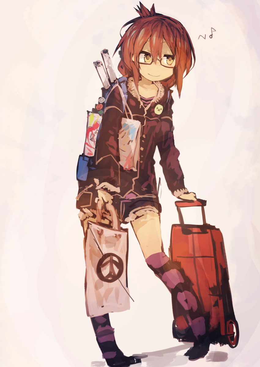 absurdres al_bhed_eyes backpack badge bag bangs bespectacled brown_eyes brown_hair button_badge casual comiket commentary earbuds earphones eighth_note folded_ponytail fur_trim glasses hair_between_eyes handbag highres holding inazuma_(kantai_collection) jacket kaamin_(mariarose753) kantai_collection musical_note poster_(object) shirt short_shorts shorts simple_background smile solo striped striped_legwear striped_shirt suitcase thighhighs walking white_background