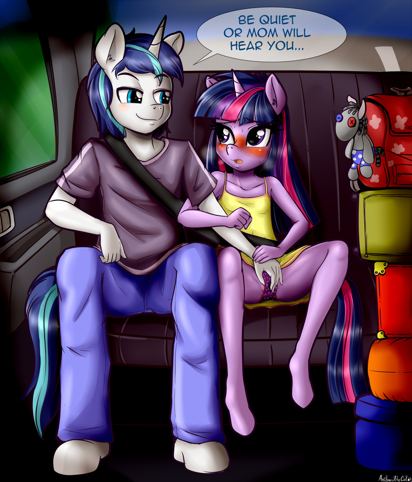 2018 absurd_res anibaruthecat anthro blue_hair brother brother_and_sister clothed clothing dialogue duo english_text equine female friendship_is_magic hair hi_res horn incest long_hair male mammal molest multicolored_hair my_little_pony open_mouth panties purple_eyes shining_armor_(mlp) shirt sibling sister sitting smartypants_(mlp) sweat text twilight_sparkle_(mlp) two_tone_hair underwear unicorn wet_panties