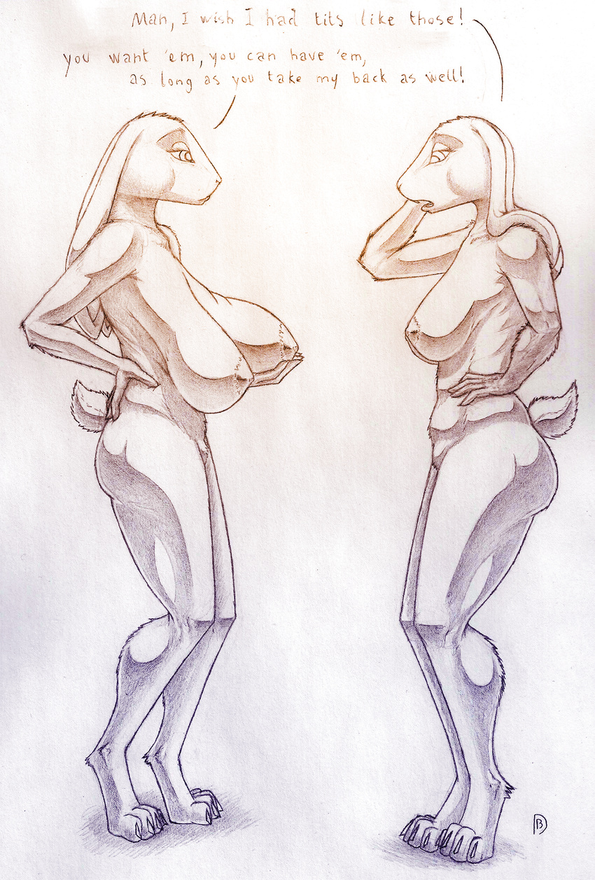 2018 anthro areola big_breasts breast_size_difference breasts casual_nudity claws dialogue dukebarbatos duo ears_down english_text female greyscale hand_on_breast huge_breasts lagomorph mammal monochrome nipples nude rabbit simple_background standing text toe_claws