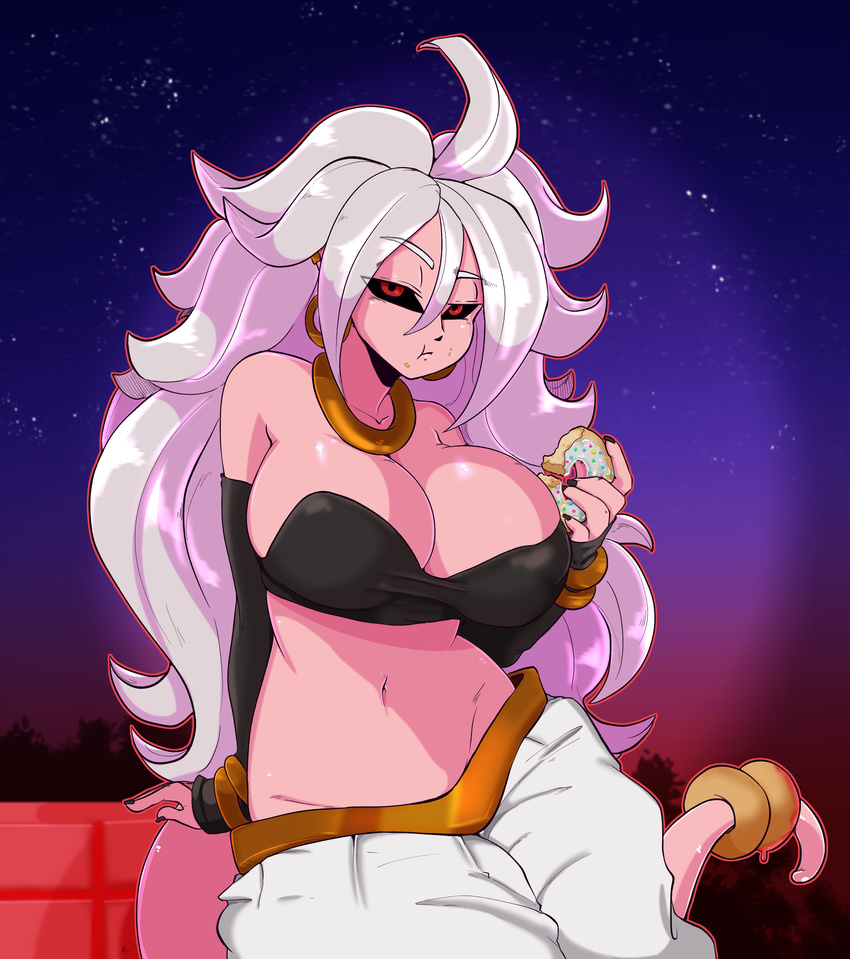 2018 absurd_res alien android_21 arnachy big_breasts breasts clothed clothing doughnut dragon_ball dragon_ball_fighterz eating female food hair hi_res long_hair looking_at_viewer majin majin_android_21 navel not_furry red_eyes solo white_hair