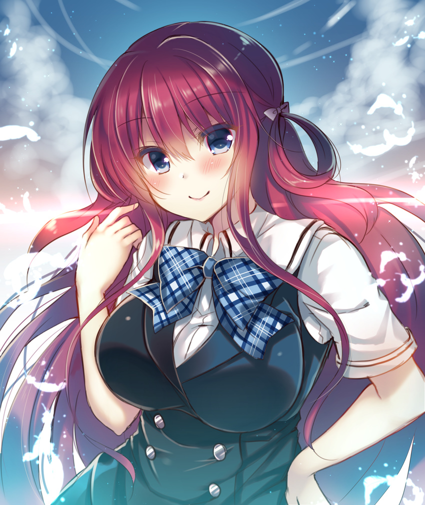 bangs black_vest blue_bow blue_eyes blue_neckwear blue_sky blush bow bowtie breasts closed_mouth cloud collared_shirt commentary_request double-breasted eyebrows_visible_through_hair falling_feathers floating_hair grisaia_(series) grisaia_no_kajitsu hair_between_eyes hair_bow hair_rings hand_on_hip hand_up highres large_breasts long_hair looking_at_viewer plaid_neckwear red_hair school_uniform shiny shiny_hair shirt short_sleeves sidelocks sky smile solo suou_amane suzune_rena upper_body vest white_bow white_feathers white_shirt