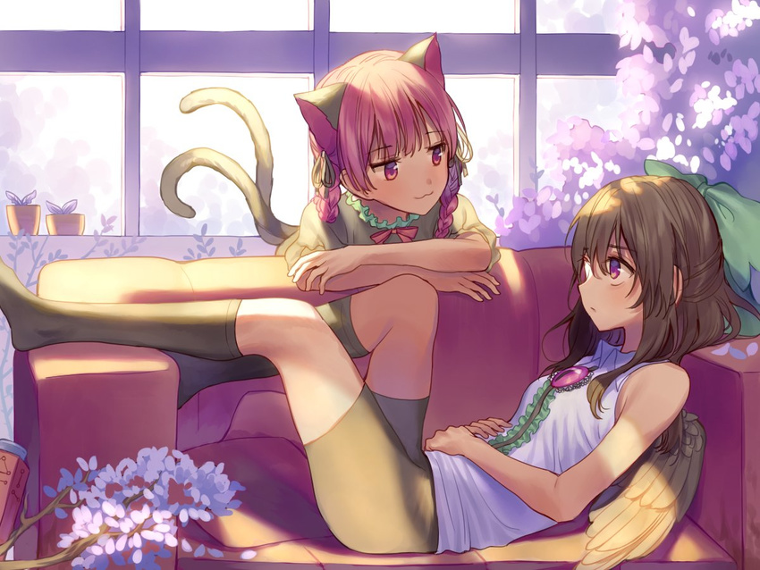 :3 animal_ears backlighting bangs bare_arms bike_shorts black_legwear black_ribbon black_wings bow brown_hair cannon cat_ears cat_tail closed_mouth commentary_request couch day eye_contact eyebrows_visible_through_hair feathered_wings green_bow hair_bow hair_ribbon indoors kaenbyou_rin korean_commentary leaning_forward long_hair looking_at_another lying misha_(hoongju) multiple_girls multiple_tails no_shoes on_back on_couch petals plant potted_plant red_bow red_eyes red_hair reiuji_utsuho ribbon shirt short_sleeves sleeveless sleeveless_shirt smile tail third_eye touhou two_tails white_shirt window wings