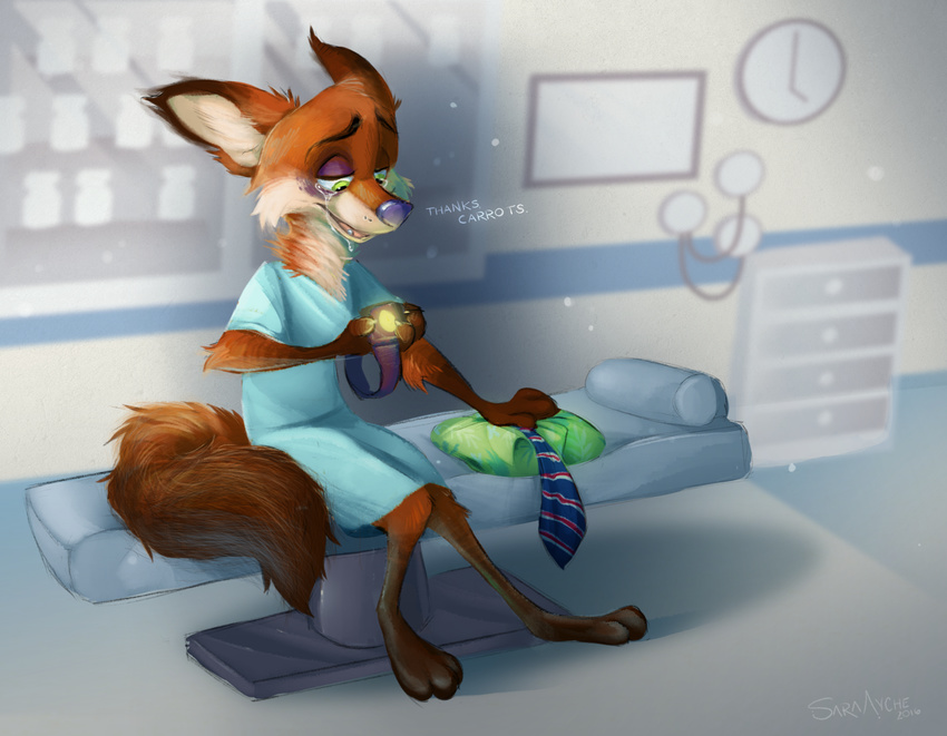 2016 3_toes 4_fingers anthro barefoot bed cabinet canine claws clock clothed clothing cute dialogue dipstick_ears disney english_text fox fur gloves_(marking) glowing green_eyes hawaiian_shirt hi_res holding_object hospital hospital_gown inside male mammal markings medical necktie nick_wilde on_bed orange_fur patient purple_nose raised_inner_eyebrows sad servalsketch shirt signature sitting smile socks_(marking) solo tears text toes zootopia