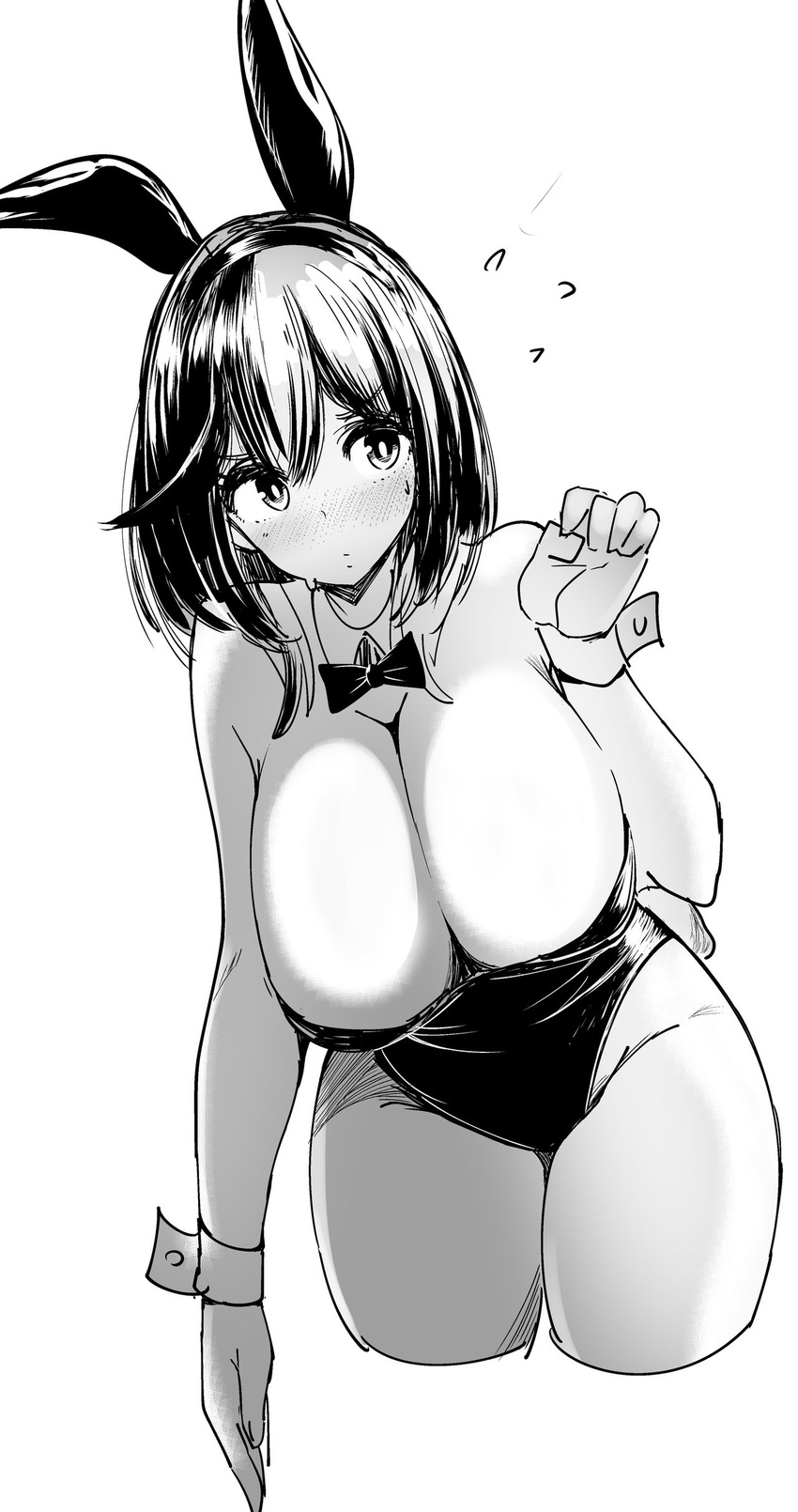 absurdres animal_ears arm_at_side arm_up bare_shoulders black_hair blush bow bowtie breasts bunny_ears bunny_tail bunnysuit cleavage cropped_legs cuffs detached_collar eyebrows_visible_through_hair freedom_nakai greyscale hair_between_eyes hairband highres large_breasts leotard looking_at_viewer monochrome original short_hair solo tail white_background wrist_cuffs