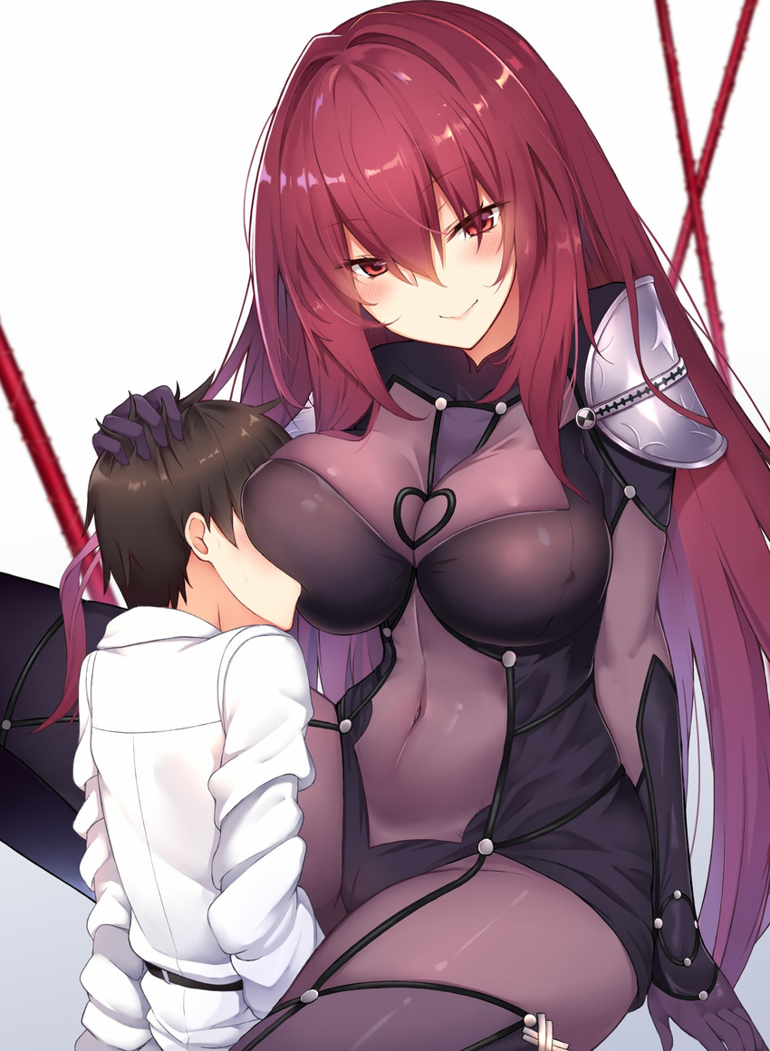 1girl age_difference armor black_hair blush bodysuit breasts chaldea_uniform commentary_request covered_navel covered_nipples face_to_breasts fate/grand_order fate_(series) fujimaru_ritsuka_(male) gae_bolg hair_intakes highres kurifuto large_breasts long_hair looking_at_viewer pauldrons polearm purple_bodysuit purple_hair red_eyes scathach_(fate)_(all) scathach_(fate/grand_order) shoulder_armor smile spear weapon