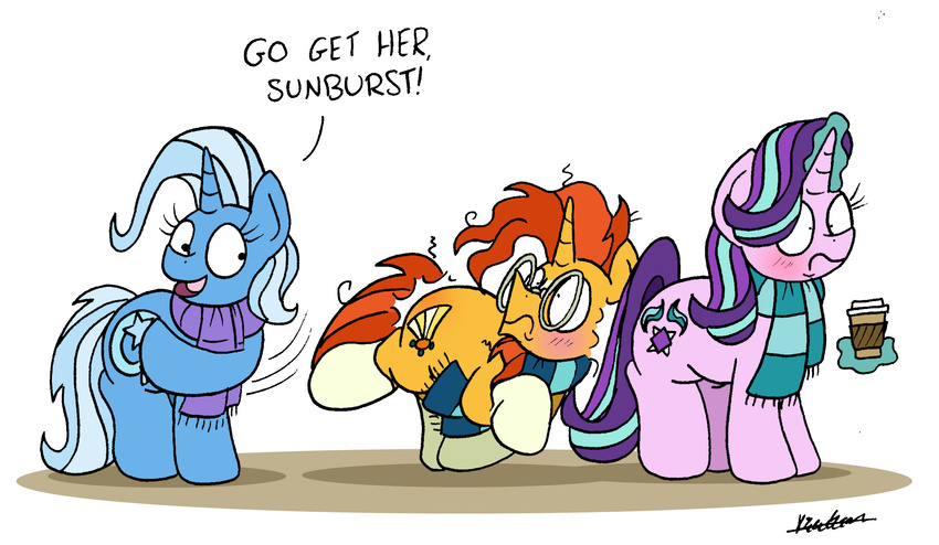 2017 beverage blush bobthedalek coffee dialogue english_text equine female friendship_is_magic group horn male mammal my_little_pony shove starlight_glimmer_(mlp) sunburst_(mlp) text trixie_(mlp) unicorn