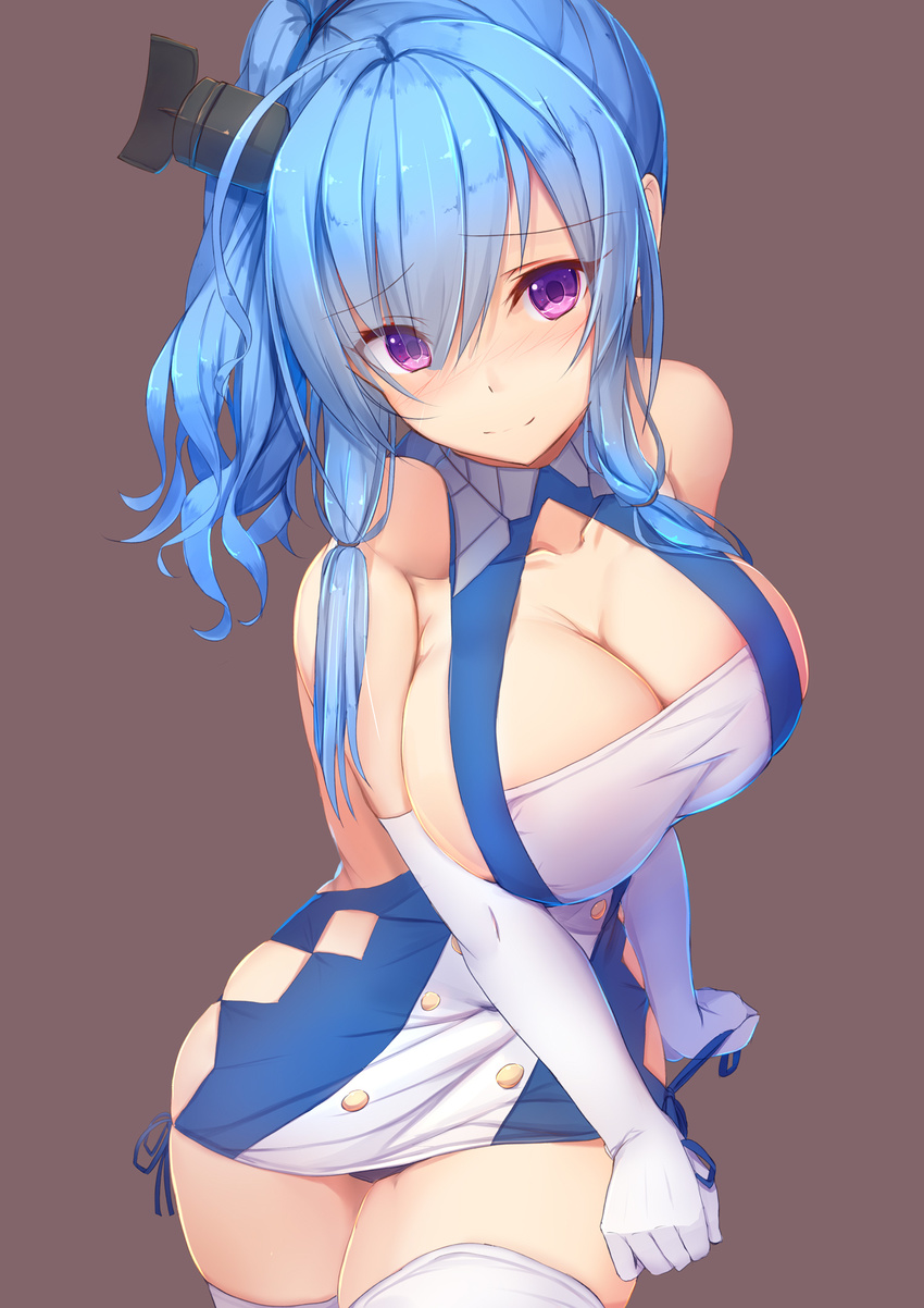 azur_lane bangs bare_shoulders blue_dress blue_hair blush breasts cleavage closed_mouth collarbone commentary_request dress elbow_gloves eyebrows_visible_through_hair gloves hair_between_eyes hair_ornament highres large_breasts low_twintails nose_blush panties purple_eyes purple_panties smile solo st._louis_(azur_lane) tatapopo thighhighs twintails underwear white_gloves white_legwear