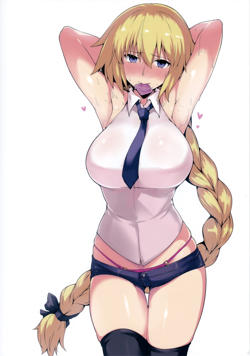 1girl armpits arms_behind_head arms_up bare_shoulders black_legwear blonde_hair blue_eyes blush braid breasts closed_mouth condom condom_in_mouth condom_wrapper cowboy_shot embarrassed eyebrows fate/apocrypha fate/grand_order fate_(series) full-face_blush hair_between_eyes harukon_(halcon) heart highres jeanne_d'arc_(fate) jeanne_d'arc_(fate)_(all) large_breasts legs long_hair looking_at_viewer midriff mouth_hold necktie panties pink_panties short_shorts shorts simple_background single_braid sleeveless solo standing sweat thigh_gap thighhighs thighs underwear very_long_hair white_background