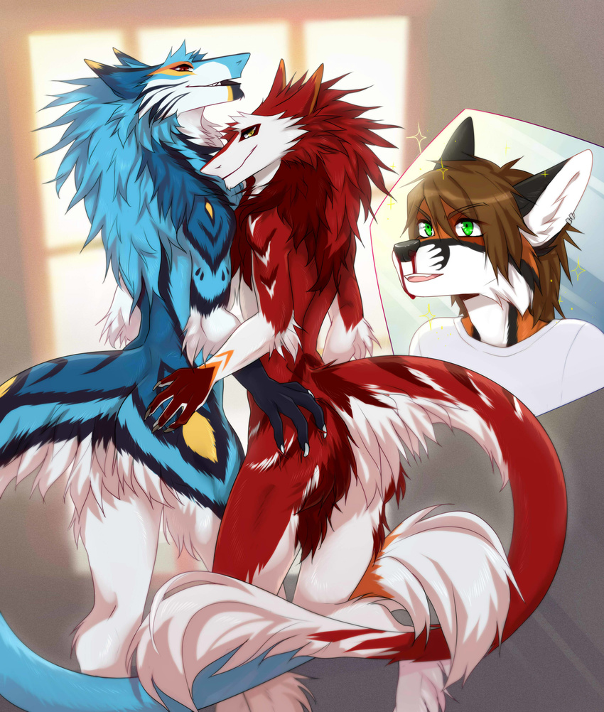 2017 4_hands absurd_res anthro black_fur black_nose blood blue_fur blue_hair brown_hair canine duo egsaku_(character) fluffy fox fur green_eyes hair hand_on_butt hi_res inviting looking_at_viewer looking_back male mammal mane multicolored_fur neck_tuft nosebleed orange_fur red_eyes red_fur red_hair rengako_(egsaku) sergal simple_background smile solo standing tuft two_tone_fur viskasunya white_fur white_hair window yellow_eyes