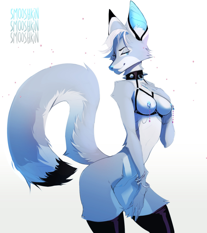 anthro breasts canine clothing collar female legwear looking_at_viewer mammal nipple_piercing nipples piercing pussy rubber smile smooshkin solo standing thigh_highs wide_hips