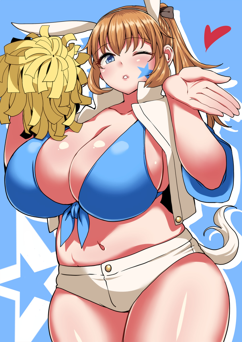 animal_ears blue_background blue_eyes breasts brown_hair bunny_ears charlotte_e_yeager cleavage collarbone heart highres hips huge_breasts komusou_(jinrikisha) long_hair looking_at_viewer navel one_eye_closed parted_lips pom_poms short_shorts shorts skindentation solo star_tattoo strike_witches tattoo thighs world_witches_series