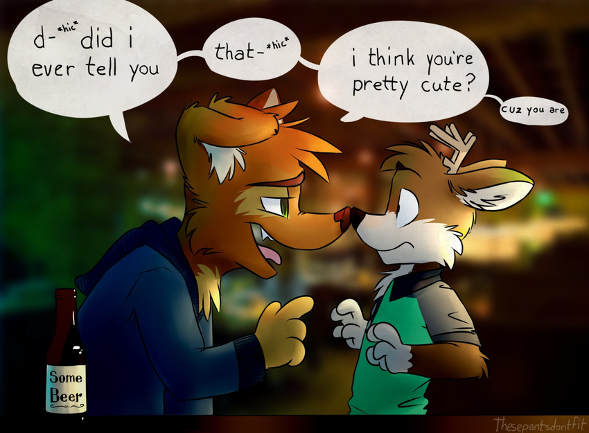 alcohol beer beverage canine cervine clothing darwin_(tinydeerguy) deer dialogue dog drunk english_text flirting male male/male mammal matt_riskely shirt text tinydeerguy
