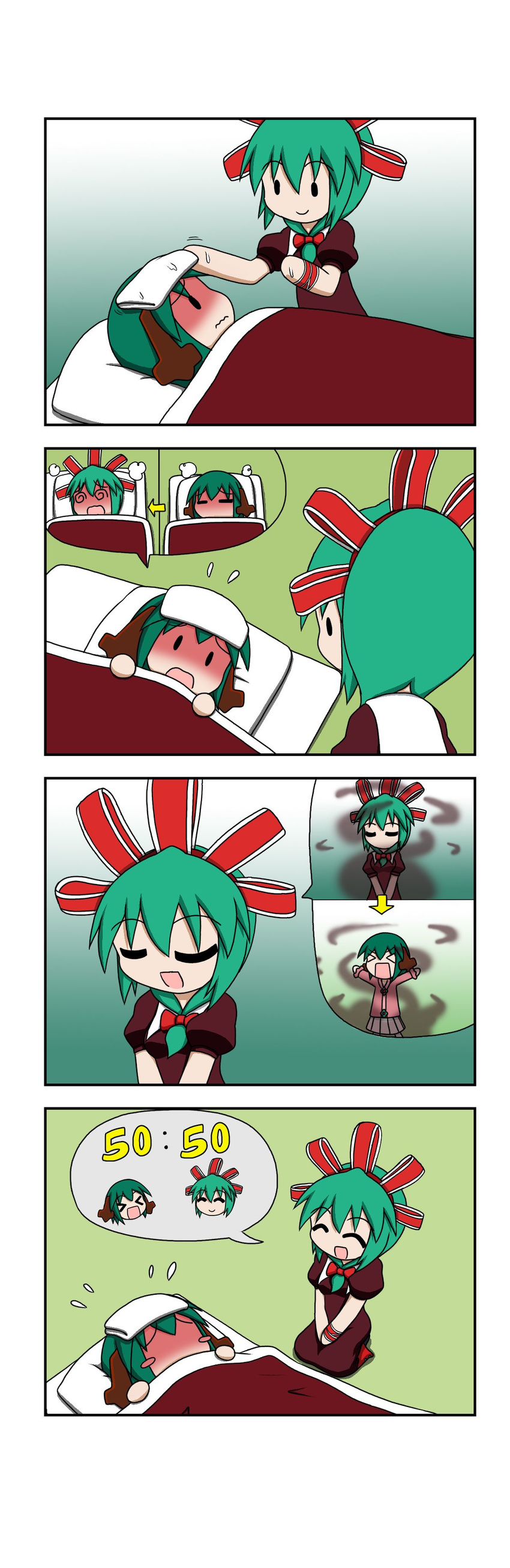 &gt;_&lt; 4koma :d =_= @_@ ^_^ absurdres animal_ears arrow aura blush_stickers closed_eyes comic dark_aura fever flying_sweatdrops front_ponytail futon gradient gradient_background green_hair hair_ribbon highres kagiyama_hina kasodani_kyouko multiple_girls no_eyes no_mouth number open_mouth pillow rakugaki-biyori ribbon smile spinning spoken_character touhou towel xd