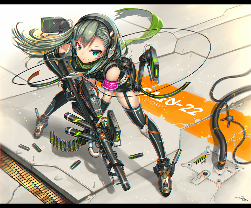 armband cable elbow_gloves fingerless_gloves garter_straps gia gloves green_eyes green_hair gun headphones highres knee_pads leaning_forward long_hair looking_at_viewer original shorts smile solo thighhighs trigger_discipline weapon