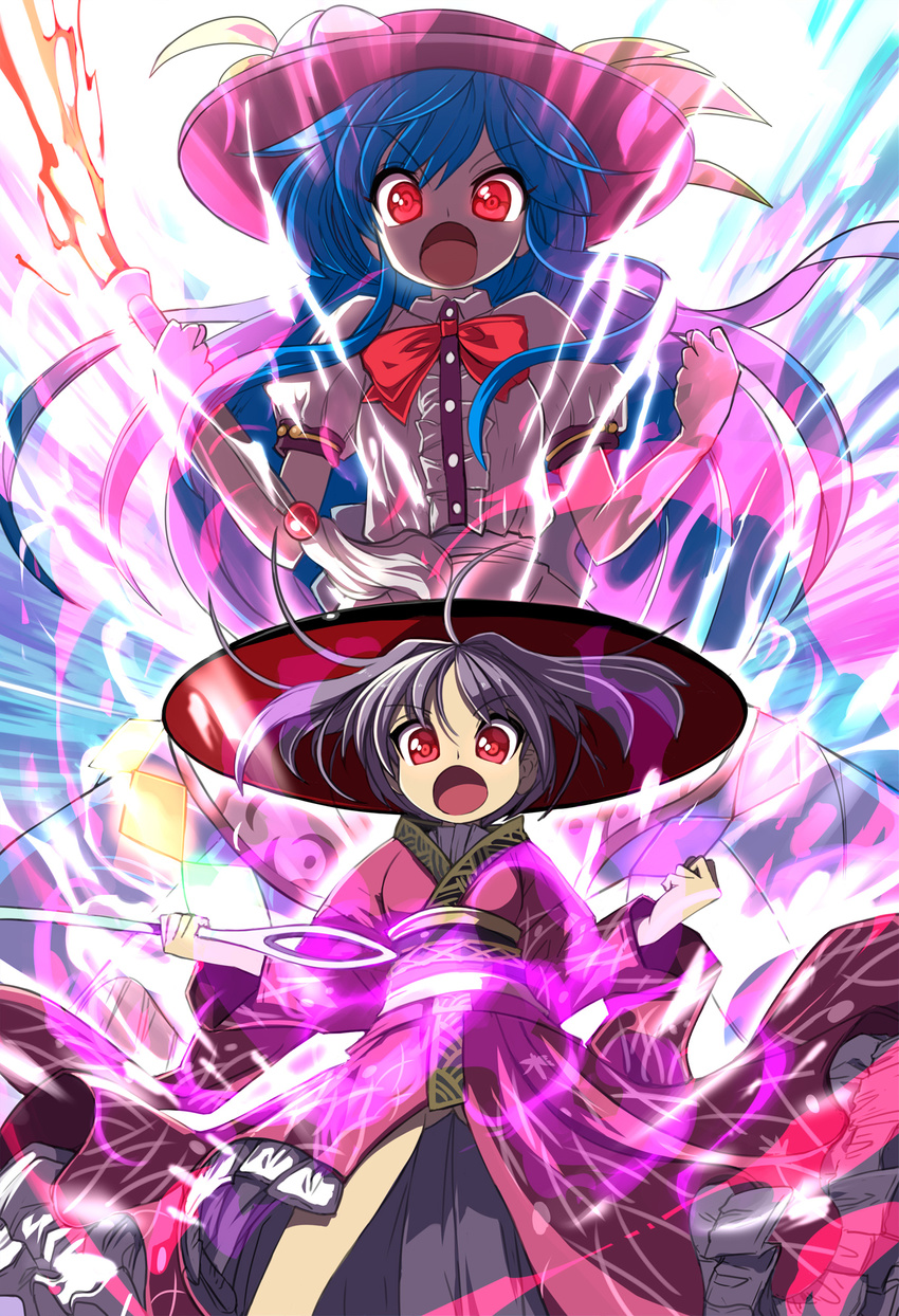 bangs blue_hair bow bowl bowl_hat bowtie buttons center_frills commentary_request energy eyebrows_visible_through_hair food fruit hands_up hat highres hinanawi_tenshi holding holding_sword holding_weapon japanese_clothes kimono long_hair long_sleeves looking_at_viewer minigirl multiple_girls needle obi open_mouth peach puffy_short_sleeves puffy_sleeves purple_hair red_eyes red_kimono red_neckwear sash shirt shope short_sleeves sukuna_shinmyoumaru sword sword_of_hisou touhou weapon white_shirt wide_sleeves