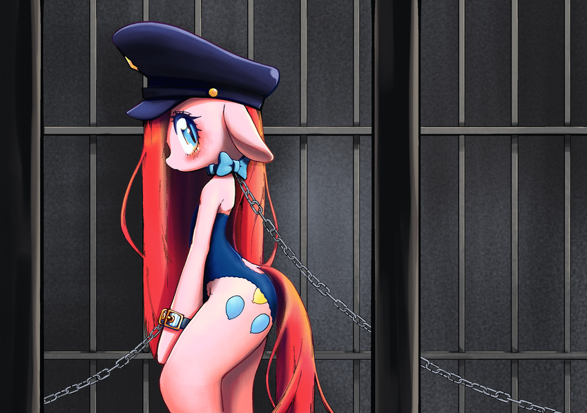 2017 blue_eyes blush bow chain chained clothing collar conbudou cutie_mark earth_pony equine eyelashes female friendship_is_magic hair handcuffs hat hi_res horse leotard long_hair looking_at_viewer makeup mammal mascara my_little_pony pink_hair pinkamena_(mlp) pinkie_pie_(mlp) pony portrait prison ribbons shackles side_view slit_pupils solo standing three-quarter_portrait