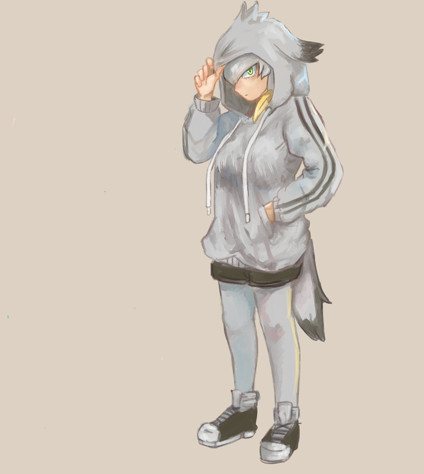 adapted_costume alternate_costume bird_tail casual closed_mouth full_body green_eyes hand_in_pocket hand_on_headwear hand_up highres hood hood_up hooded_track_jacket jacket kajitsu_ohima kemono_friends leggings legwear_under_shorts looking_at_viewer shoebill_(kemono_friends) shoes shorts sneakers solo track_jacket