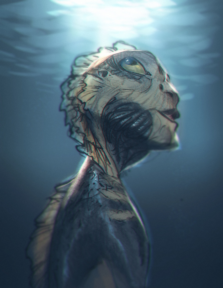 2018 amphibian amphibian_humanoid amphibian_man anthro dorsal_fin fin gills head_fin humanoid looking_up male monoflax nude side_view solo the_shape_of_water underwater water yellow_sclera