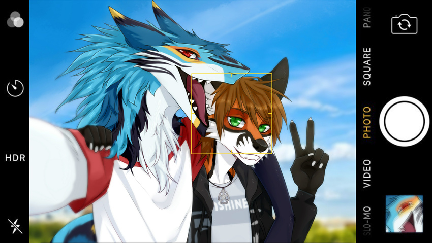2017 5_fingers absurd_res anthro black_fur black_nose blue_fur blue_hair blurred_background brown_hair camera camera_view canine clothed clothing day duo egsaku_(character) fox fully_clothed fur green_eyes hair hi_res holding_object holding_phone jacket jewelry looking_at_viewer male mammal neck_tuft necklace open_mouth orange_fur phone photo red_eyes rengako_(egsaku) sergal sharp_teeth shirt sky smile standing teeth tongue tuft viskasunya white_fur