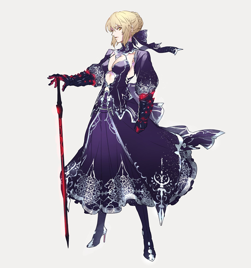 artoria_pendragon_(all) blonde_hair blue_dress blue_ribbon boots braid breasts clenched_hand commentary_request dark_excalibur dress fate/stay_night fate_(series) full_body gauntlets grey_background hair_bun hair_ribbon hand_on_hilt high_heel_boots high_heels highres legs_apart looking_at_viewer medium_breasts parted_lips puffy_sleeves ribbon saber_alter simple_background solo standing tenobe yellow_eyes