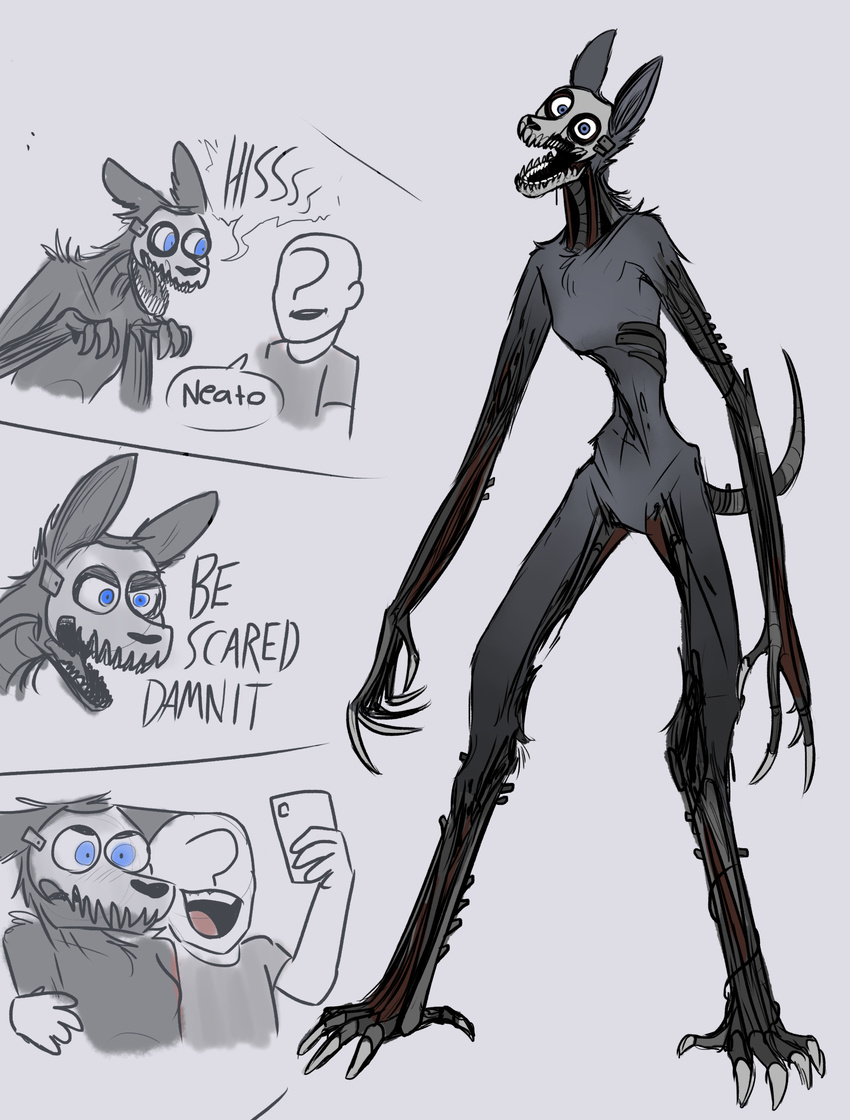 abyssal_wolf animatronic anthro blue_eyes canine clothed clothing comic dialogue duo five_nights_at_freddy's fur human kea_(artist) machine male mammal mask open_mouth robot simple_background skull skull_mask text video_games
